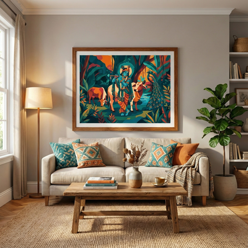 Divine Serenity – Lord Krishna Mural Illustration | A2 Size Premium Framed Wall Art