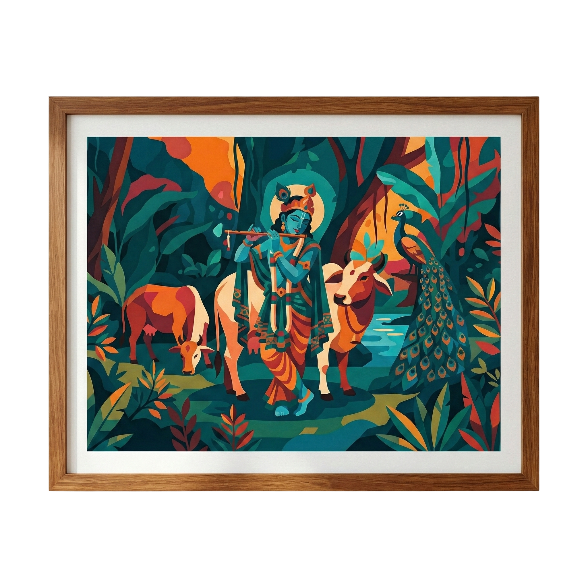 Divine Serenity – Lord Krishna Mural Illustration | A2 Size Premium Framed Wall Art